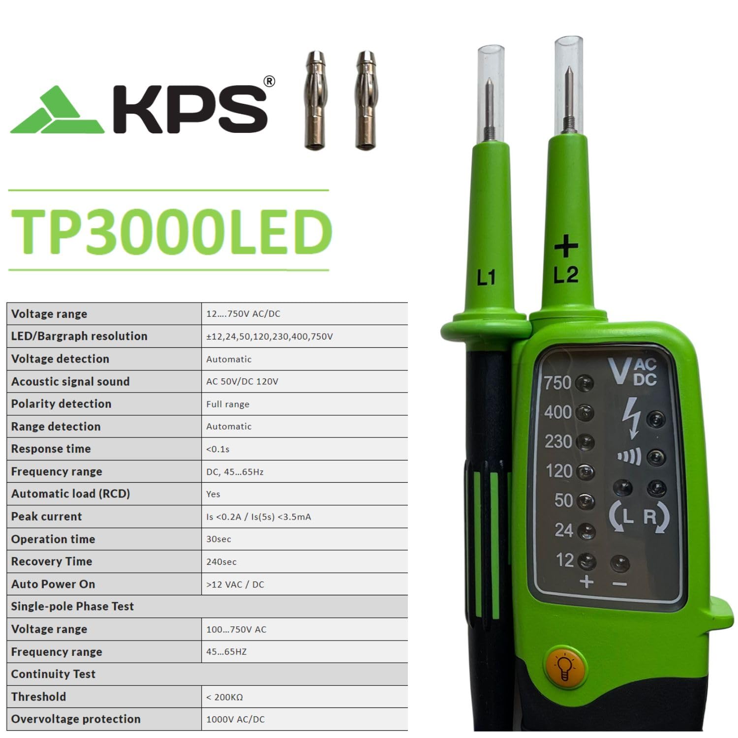 KPS TP3000LED tester tensione TRMS 750V con test RCD