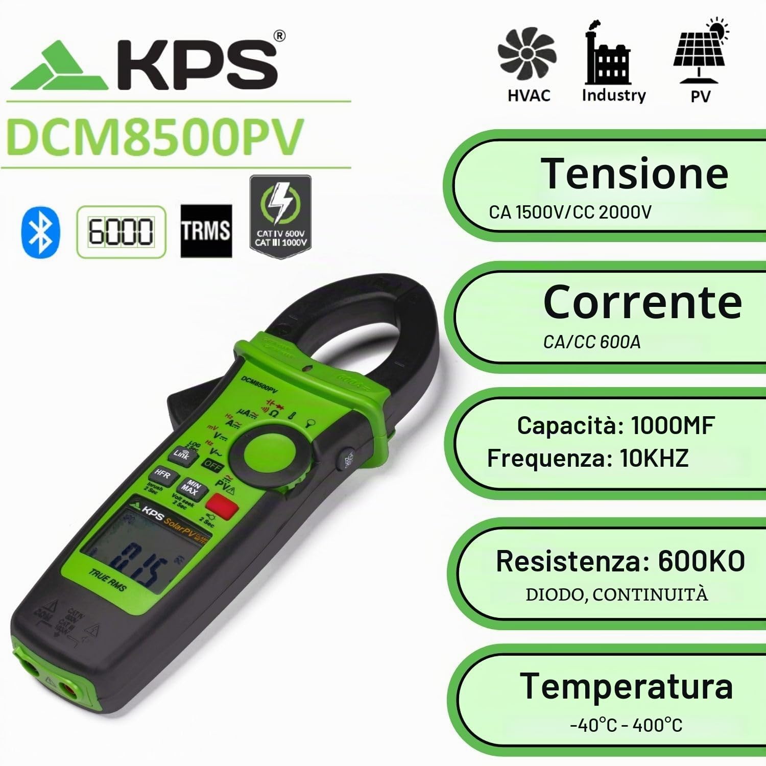 KPS DCM8500PV Pinza Amperometrica TRMS Bluetooth 2000VDC