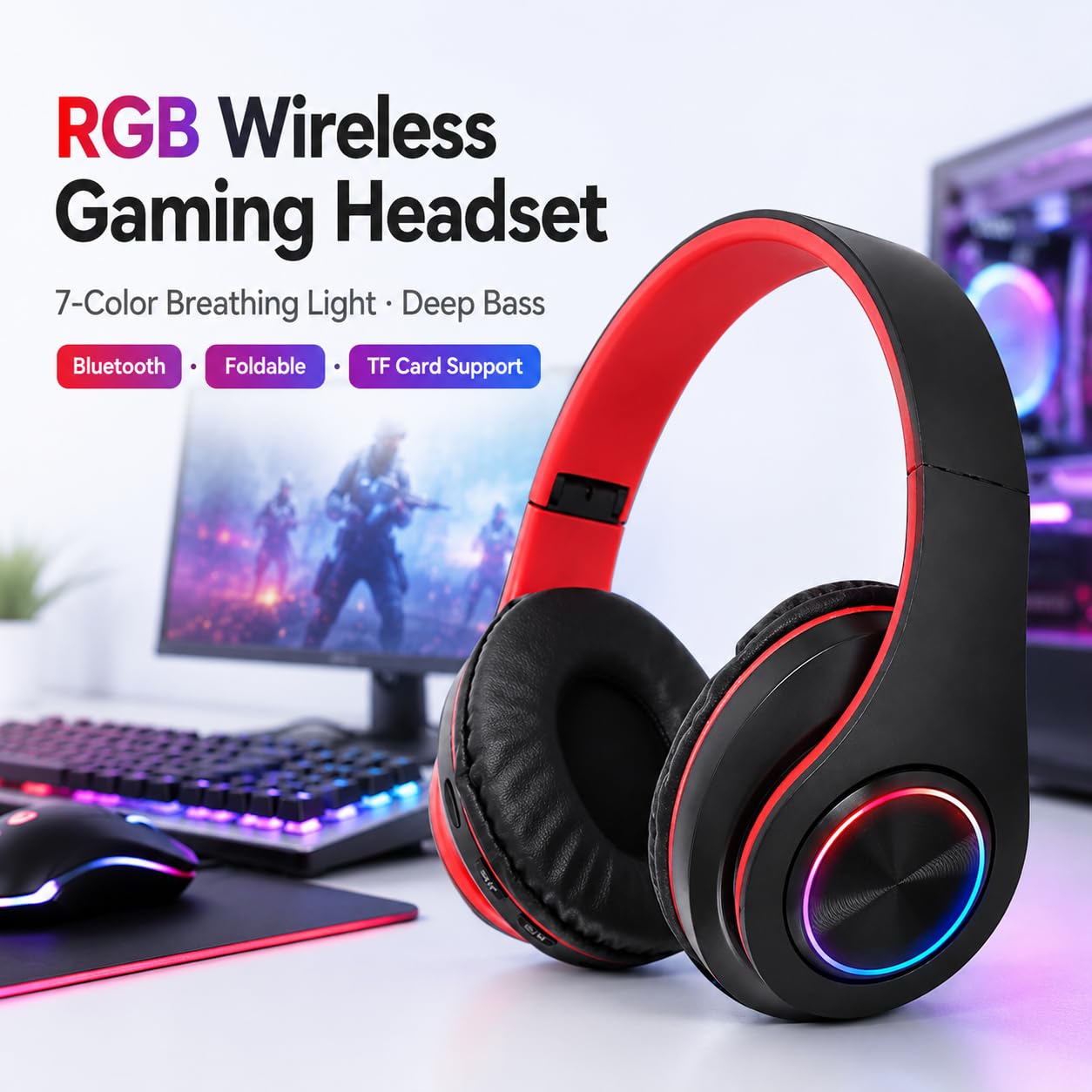 TICFOX Cuffie Bluetooth RGB Pieghevoli Nero-Rosso
