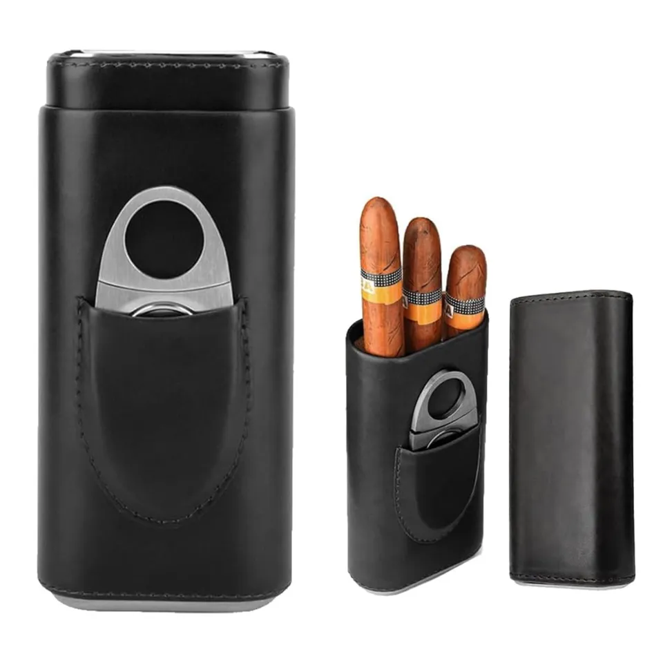 TICFOX portasigari pelle 3 sigari nero cesoia