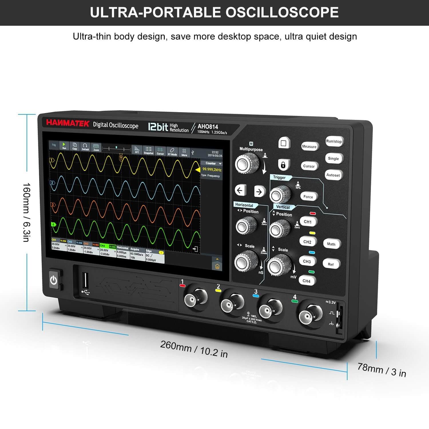Hanmatek AHO814 oscilloscopio digitale 4 canali 100MHz