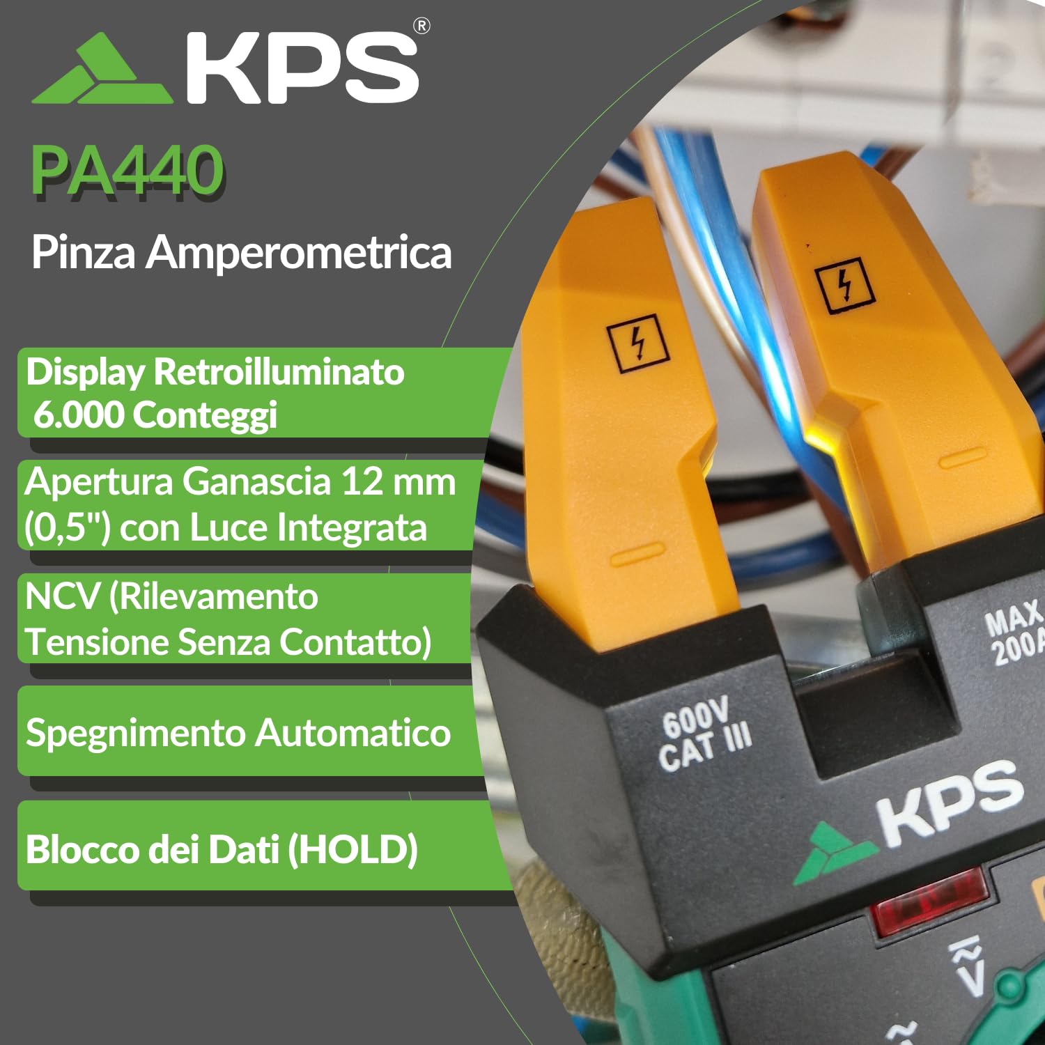 KPS PA440 Pinza Amperometrica Ganascia Aperta 200A AC