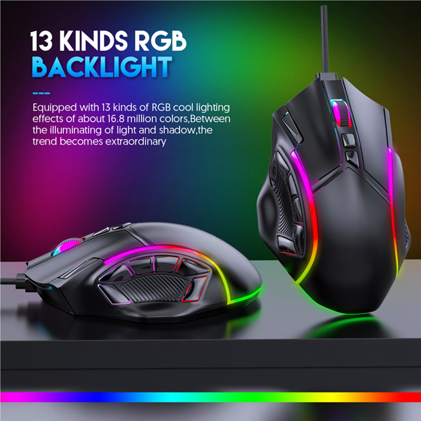 TICFOX Mouse Gaming Cablato RGB Nero 12800 DPI 13 Tasti