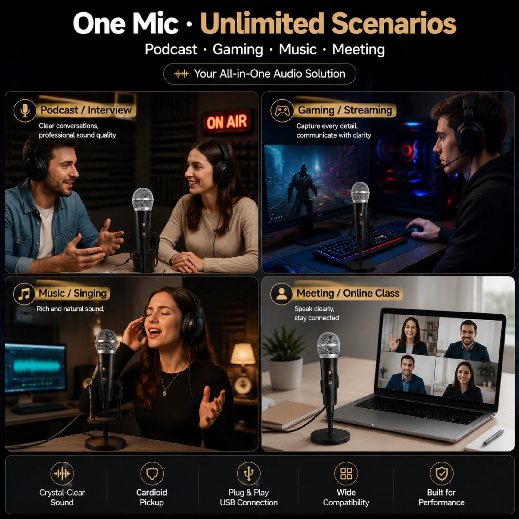 TICFOX Microfono Condensatore USB Cardioide per Podcast