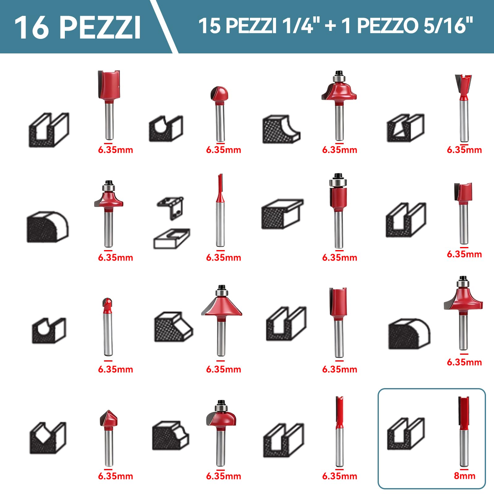 TICFOX Fresatrice Verticale Legno 800W 6 Velocità con 16 Frese