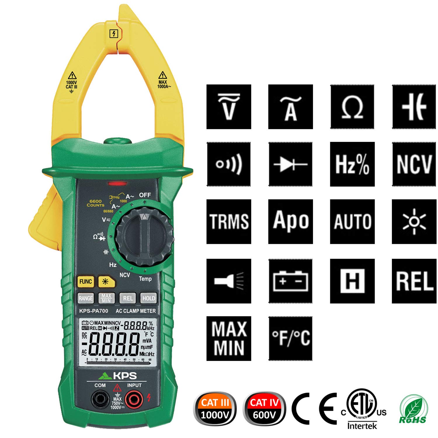 KPS PA700 pinza amperometrica TRMS 1000A 6600 punti
