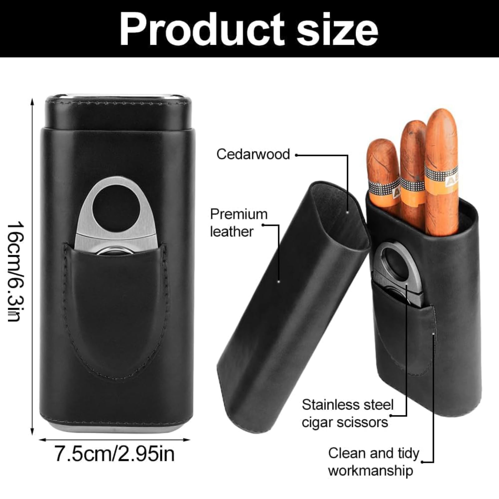 TICFOX portasigari pelle 3 sigari nero cesoia