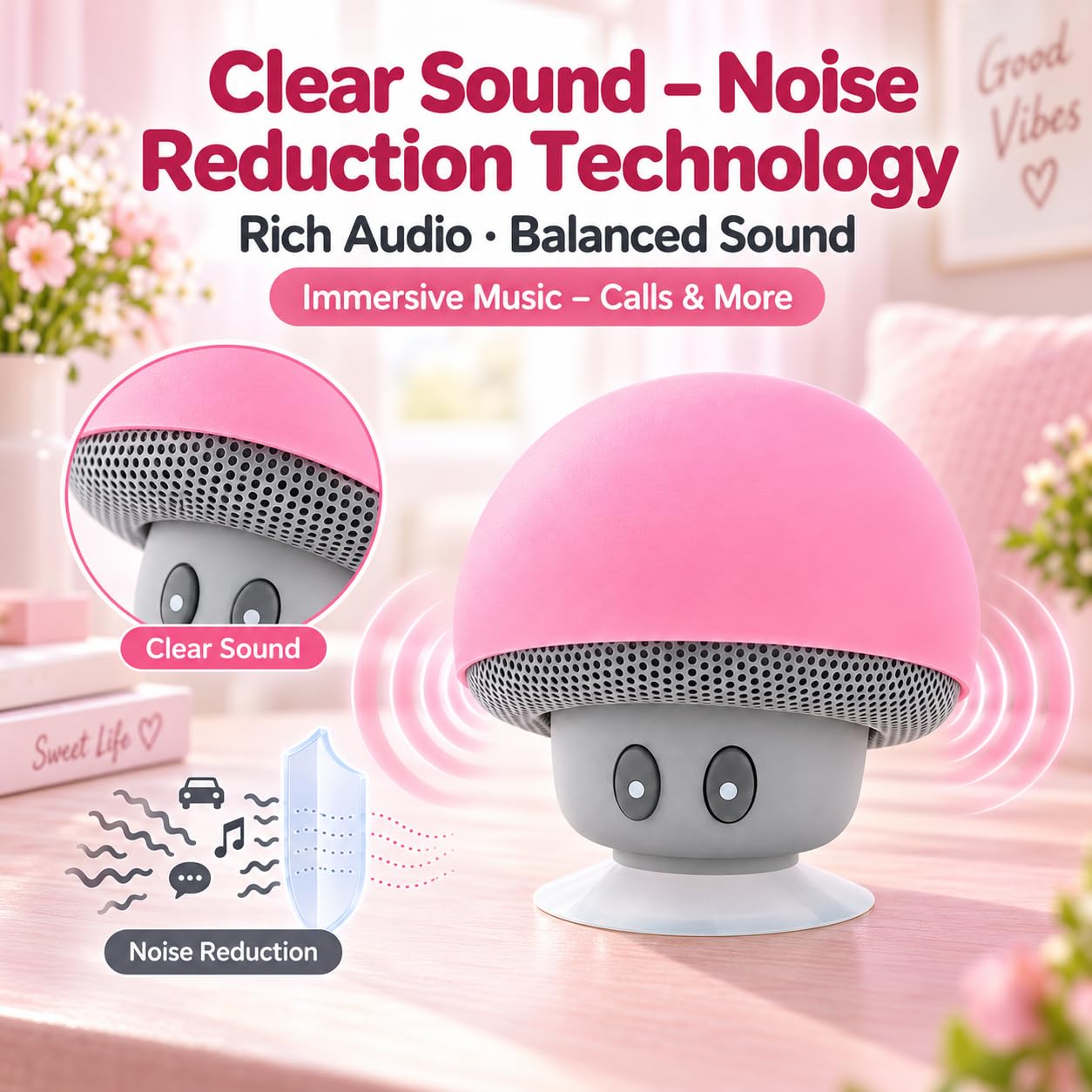 Ticfox altoparlante bluetooth fungo rosa con ventosa