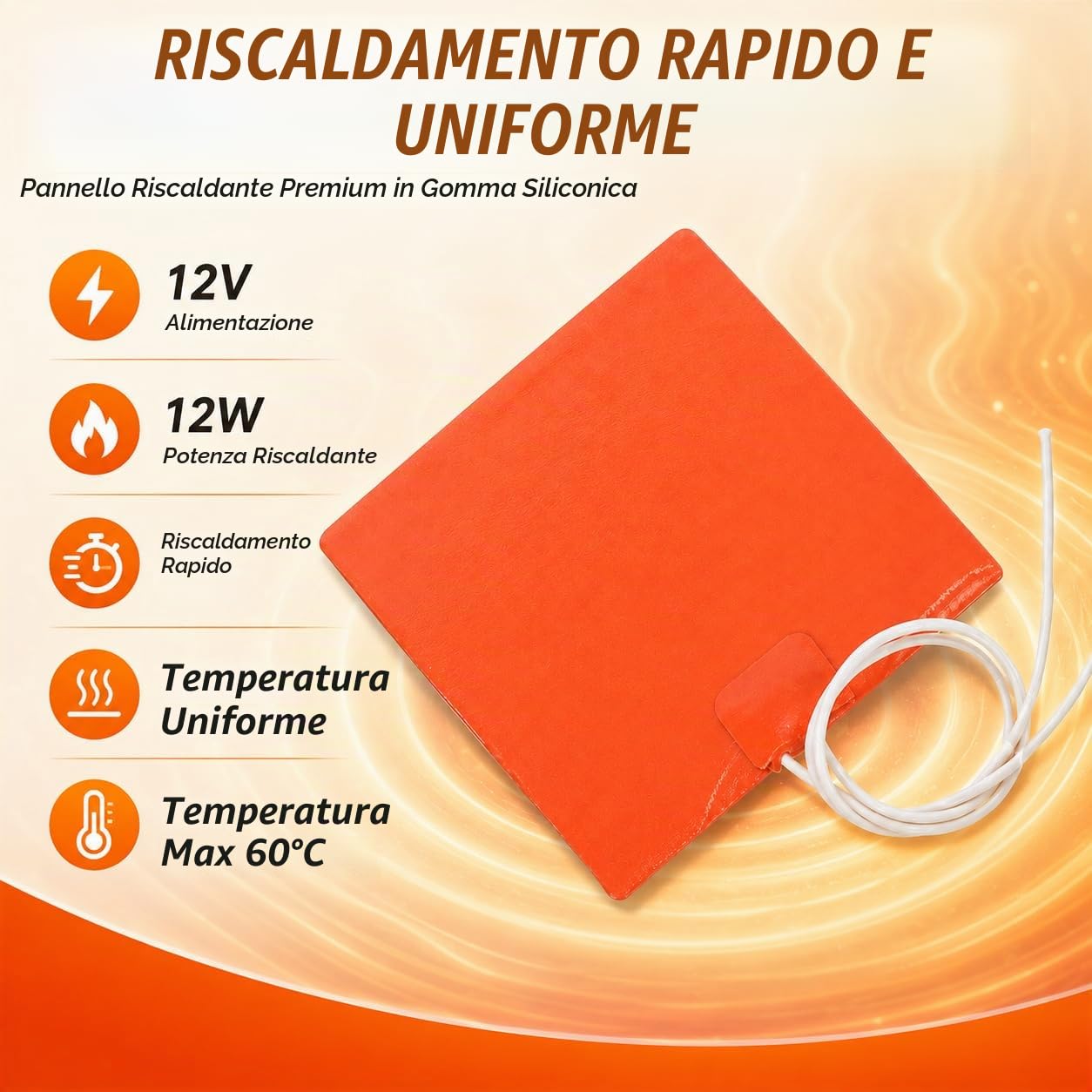 TICFOX Piastra Riscaldante Silicone 100x120mm 12V 12W 60°C