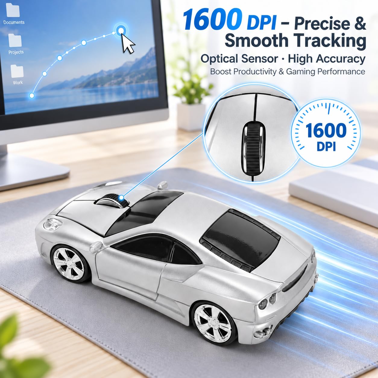 Ticfox mouse wireless auto sportiva argento 1600 DPI
