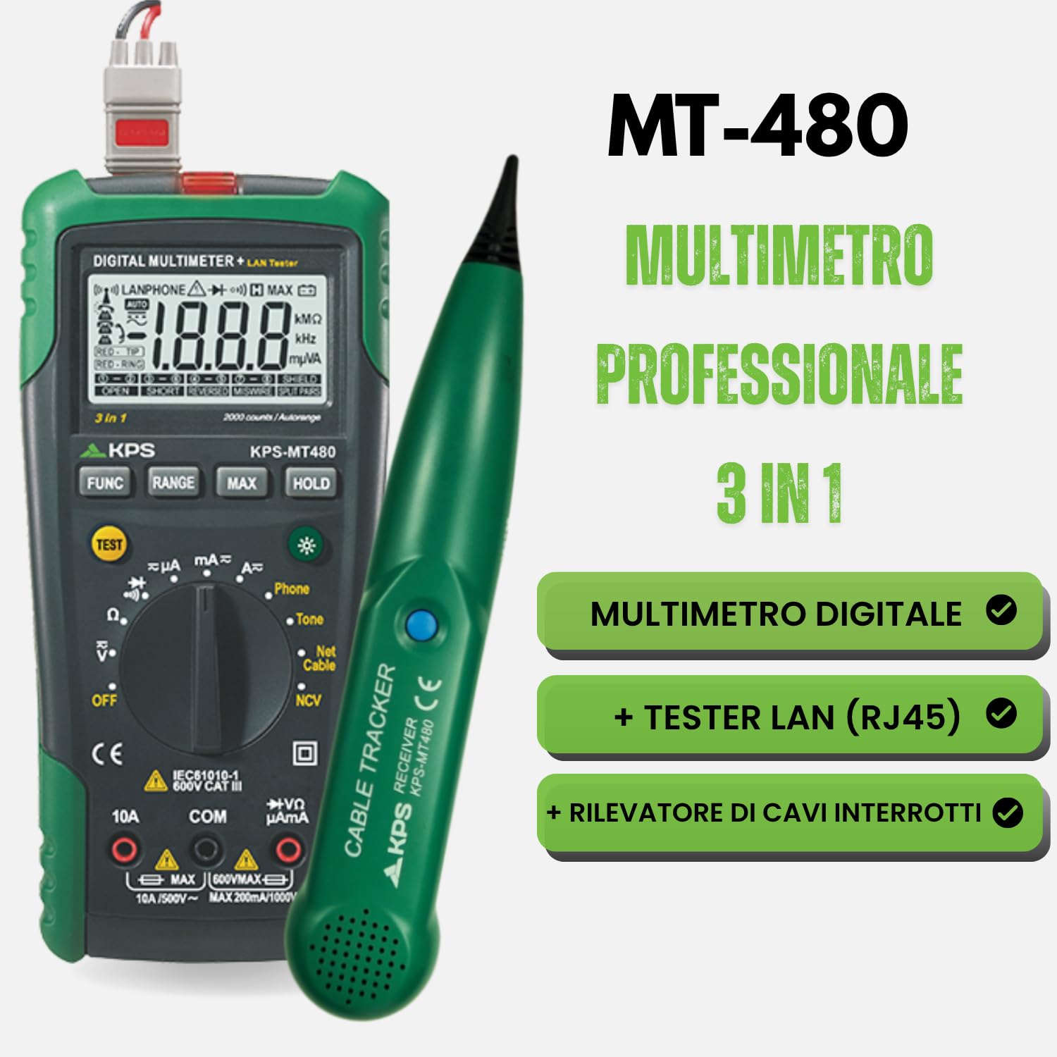 KPS MT480 Multimetro Digitale LAN-Telefono 2000 Count