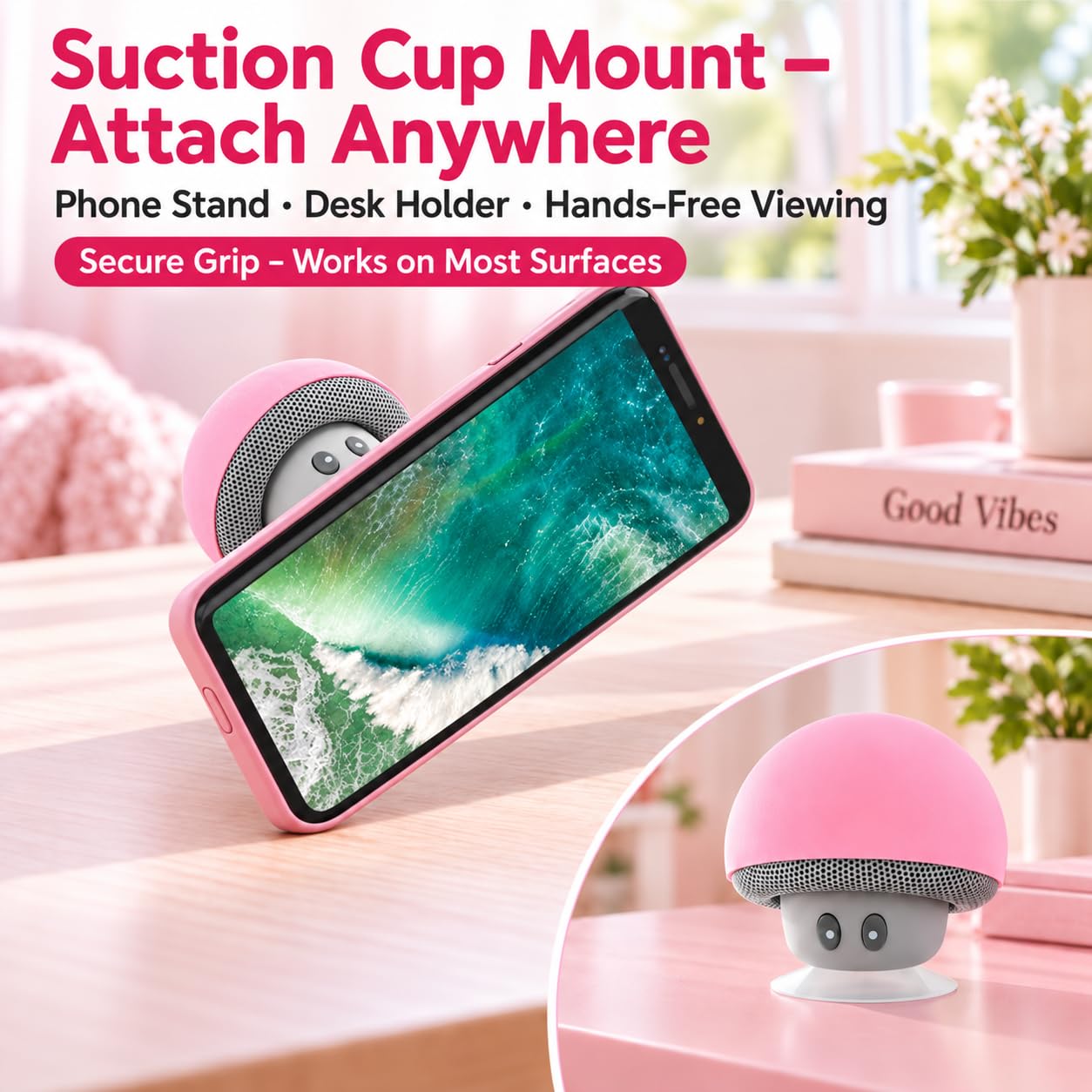 Ticfox altoparlante bluetooth fungo rosa con ventosa