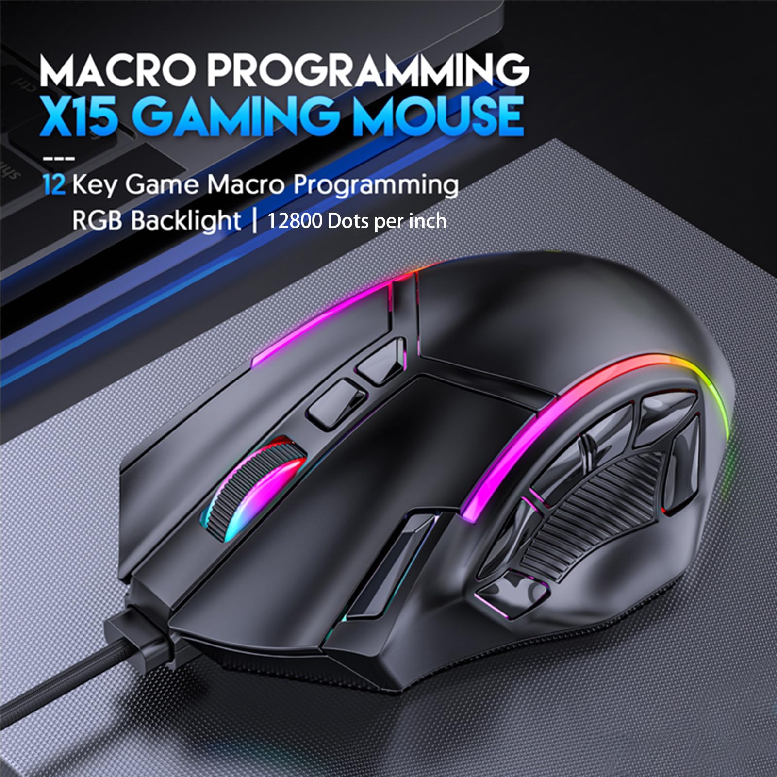 TICFOX Mouse Gaming Cablato RGB Nero 12800 DPI 13 Tasti