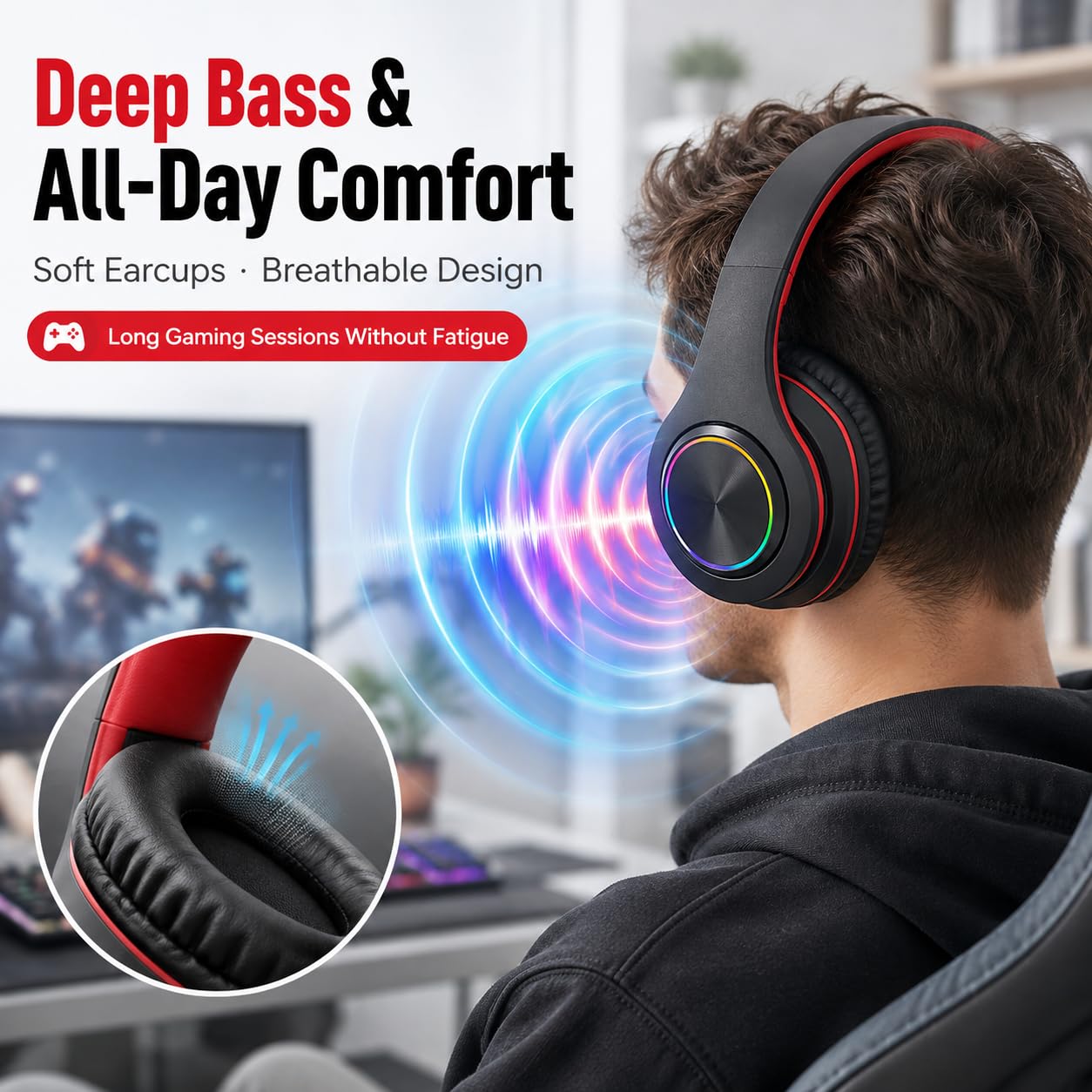 TICFOX Cuffie Bluetooth RGB Pieghevoli Nero-Rosso