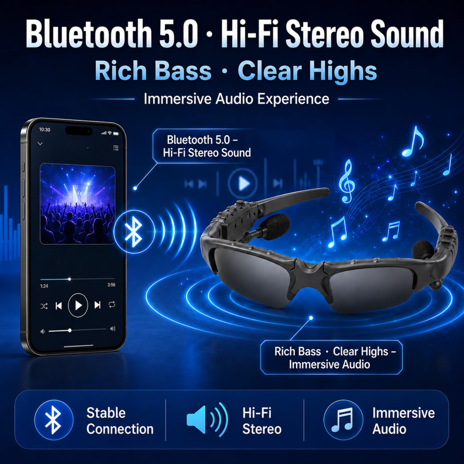 TICFOX Occhiali Sole Bluetooth Polarizzati Nero Giallo