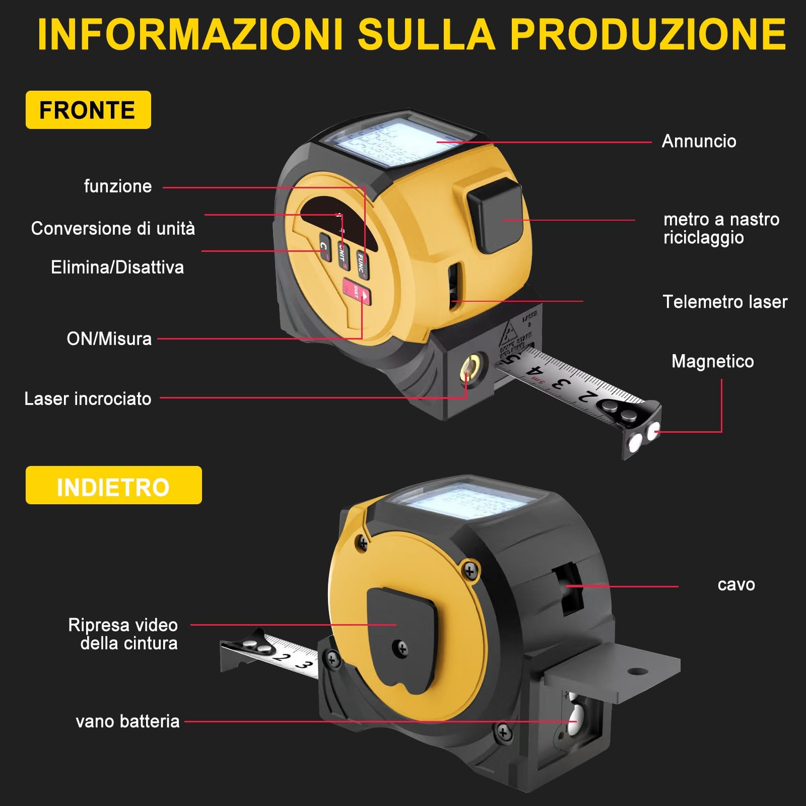 TICFOX 3 in 1 40 m telemetro laser con nastro 5 m
