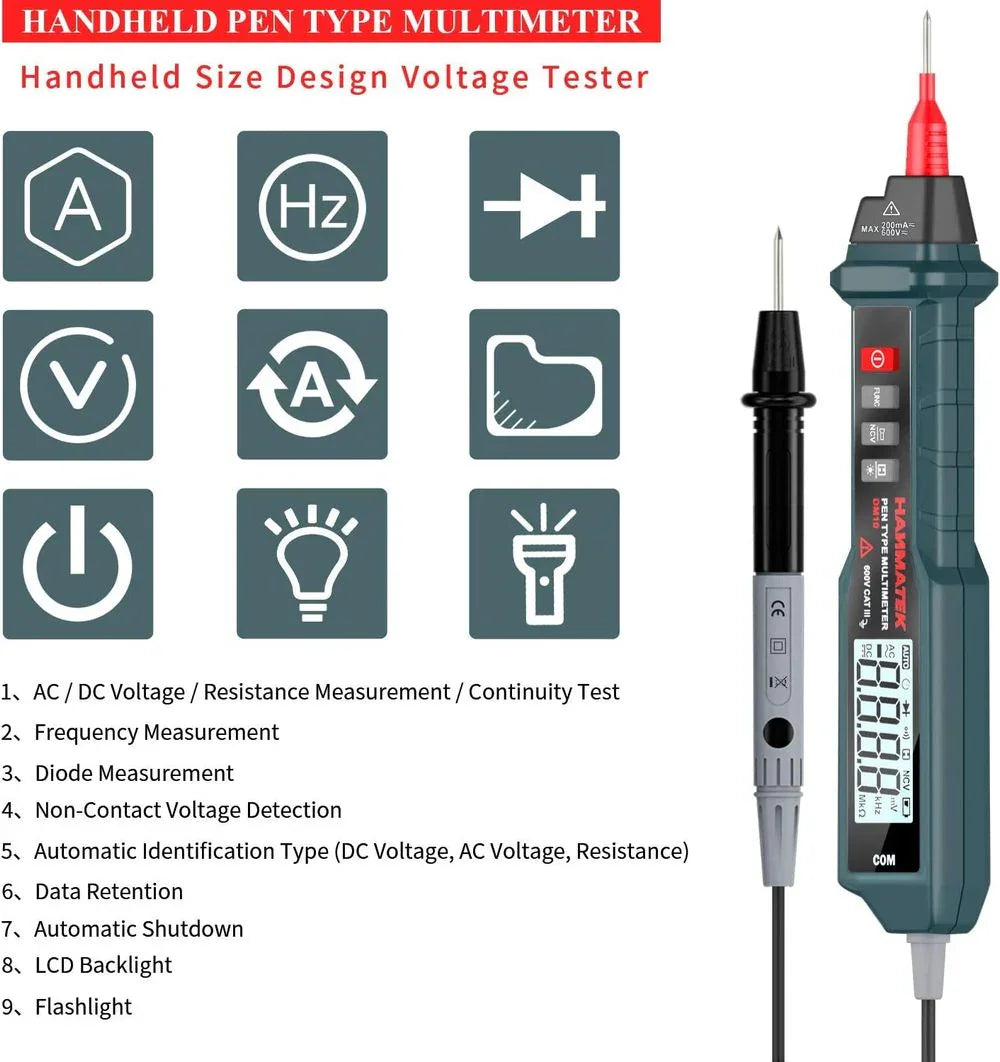 Hanmatek DM10 Multimetro a Penna NCV con Torcia
