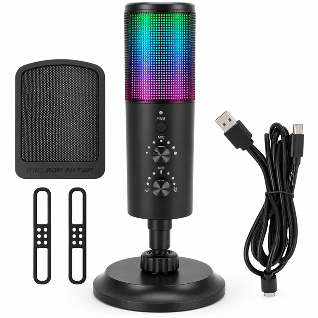 TICFOX Microfono USB Cardioide RGB 192kHz per Streaming