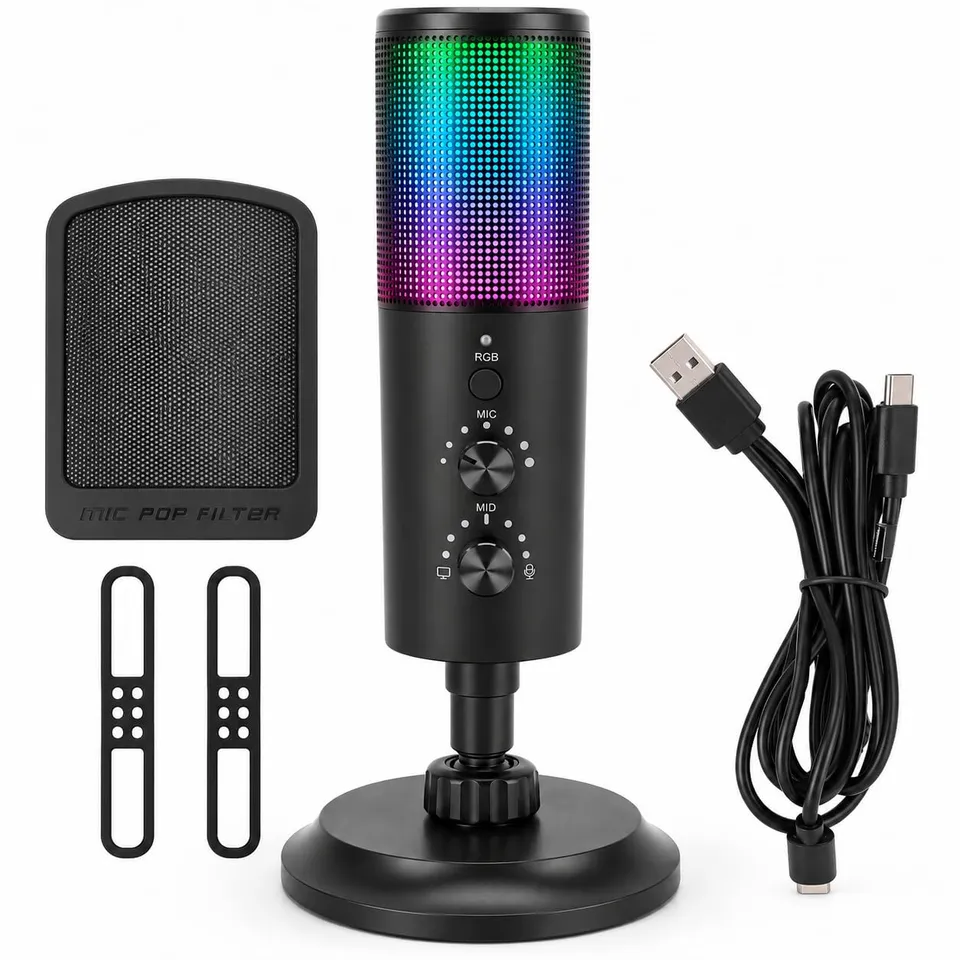 TICFOX Microfono USB Cardioide RGB 192kHz per Streaming